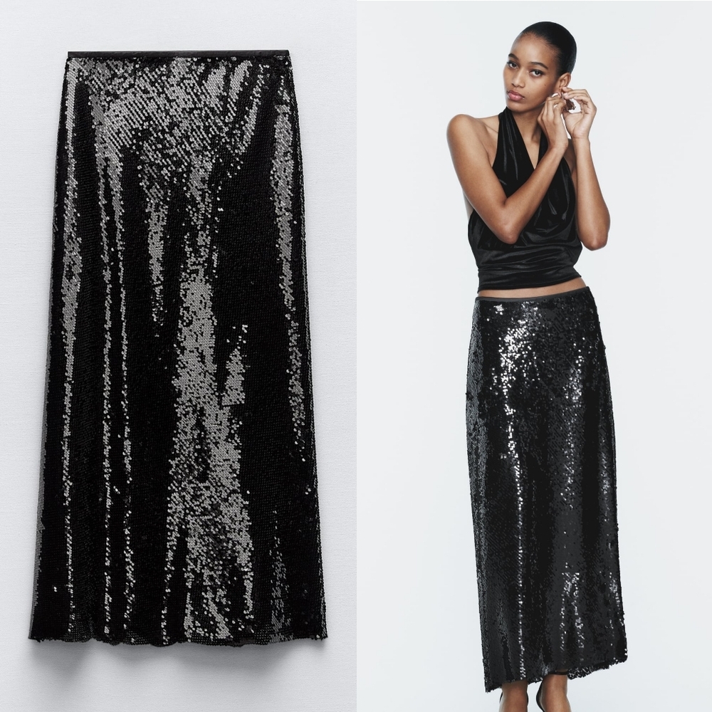 New Zara Black Sequin Skirt 9298/613